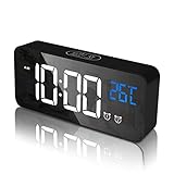 RLBUNZ Digitaler Wecker, LED Digitaluhr Spiegelalarm Tischuhr USB Wiederaufladbar Reisewecker mit 2 Alarmen/Snooze-Funktion/Temperatur Anzeige/Sprachsteuerung Funktion/4 Helligkeiten/13 Musik