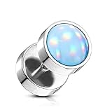 beyoutifulthings Fake-Ohr-Plug leuchtender Stein Opal-Effekt Ohr-Piercing Ohr-Schmuck Chirurgenstahl Schraub-Verschluss Silber Blau 8