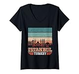 Damen Istanbul Türkei Retro Vintage Sonnenuntergang Skyline Istanbul T-Shirt mit V