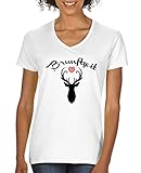 Comedy Shirts - Brunftzeit - Oktoberfest - Damen V-Neck T-Shirt - Weiss/Schwarz-Rot Gr. XL