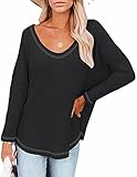 ASKSA Damen Langarmshirt Rundhals Lässig Locker Pullover T-Shirt Fledermausshirt Oversized Bluse Streifen Top(Schwarz,XL)