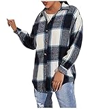 NHNKB Damen Karierte Jacke Langarm Mantel Oversized Karo Hemdbluse Lang Knöpfen Holzfällerhemd Freizeithemd Übergangsjacke Shirtjack