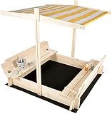 needs&wants Sandkasten mit Abdeckung Dach Deckel Sitzbank und Boden, Sandkiste Holz quadratisch verschließbar UV-Sonnenschutz mit Bank Outdoor Garten für Kinder, 120x120 cm, Kiefer, gelb weiß b