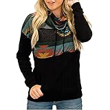 LRWEY Damen Kapuzenpullover Sonne Totem Drucken Ethnischen Stil Sweatshirt High Neck Kordelzug Kapuzenpullover Sweatshirt, Schwarz , 42