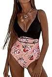 Beachsissi Damen Twist Front Blumendruck Beachwear Verstellbare Träger Badeanzüge Open Back Badeanzug, Blumen, M