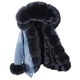 AiYoWi Winter Damen Natur Fuchspelz großer Pelzkragen Mantel Denim lose Mode Pelz abnehmbar Kaninchenfutter Parka Lederjacke - 1,L