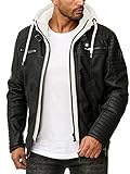 Redbridge Herren Lederjacke Kunstleder Bikerjacke mit Kapuze Schwarz-Ecrumelange XXL