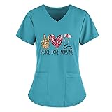 WENZHOU Valentinstag/St. Patrick's Day/Ostern Krankenhaus Schlupfhemd Bluse Kurzarm V-Neck Mischgewebe Kasack Damen Pflege mit Liebe Motiv Bunt Arzt Uniform Berufsbekleidung Krankenschwester Kleidung