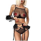 Briskorry Damen Dessous Strapse Set Sexy Reizwäsche Unterwäsche Spitze BH und Slip mit Strapsgürtel Nachtwäsche Lingerie Set Perspektive Durchsichtige Unterwäsche mit Strapsen Nuttiges E