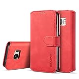 UEEBAI Handyhülle für Samsung Galaxy S7, Hülle Retro Premium PU Leder Weiche Klapphülle Magnetverschluss Wallet Kartenfach Standfunktion Cover Anti Kratzern Flip Case Trageband Schutzhülle -R