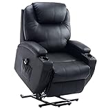 HOMCOM Aufstehsessel Fernsehsessel mit Aufbewahrungstasche Massagesessel mit Aufstehhilfe Relaxsessel Verstellbarer Winkel Fernbedienung Kunstleder Schaumstoff Metallrahmen Schwarz 84 x 92 x 109