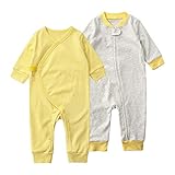 Baby Schlafstrampler Schlafoverall 100% Bio-Baumwolle ohne Fuß Einteiliger Langarm Schlafanzug Kleinkinder Strampelanzug Pyjama Reißverschluss Knopf 2er Pack Set Unisex für 0-24 Monate (Gelb, 73cm)