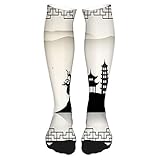 Oberschenkelhohe Socken aus Baumwolle, Overknee-Socken, lange Kniestrümpfe für Damen, 60 cm, Dreary Skizzenhaus auf Hügel Pagode Pavillon Brücke getrocknete Bäume Fischer, Einheitsgröß