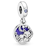 Fox and rabbit sterling silver dangle with moonlight blue crystal, clear cubic zirconia, white, blue and silvery g