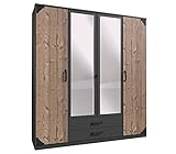 lifestyle4living Kleiderschrank mit Spiegel-Tür, Graphit-Grau/Silver-Fir-Dekor, 180 cm | Drehtürenschrank 4-türig mit 2 Schubladen im Industrial-S