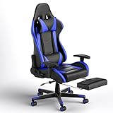 Phoetya Gaming Stuh, Bürostuhl Ergonomisch PC Stuhl mit Fußstütze, Racing Gamer Stuhl mit Kopfstütze und Lendenkissen, Höhenverstellbar, Computerstuhl PU-Leder, 150 kg Belastbar(Schwarz-Blau)