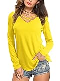 Beluring Damen T Shirt V-Ausschnitt mit Criss Cross Lässig Langarmshirt, Gelb M