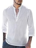 Gemijacka Herren Leinenhemd Henley Freizeithemd 3/4 Ärmellänge & Kurzarm Regular Fit Kragenloses Shirt, Weiß, L