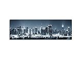 Wandbild Panorama New York City Manhattan Skyline schwarz weiss blau in der Nacht auf Leinwand und Keilrahmen. Beste Qualität, handgefertigt in Deutschland! 150x50