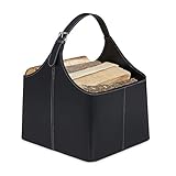 Relaxdays Holzkorb für Kaminholz, Kaminholzkorb aus Kunstleder, zum Tragen & Aufbewahren, Kaminkorb mit Henkel, schw