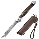 Slim Klappmesser, Gentleman's Taschenmesser mit Scheide und Holzgriff, Einhandmesser mit M390 Klinge im Damaszener-Muster, perfekt als Survival Outdoor Messer, Jagdmesser, EDC, Geschenk