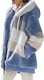 HHKLO Ladies Coat Plush Jacket Donna Zip Up Plush Flannel Colour Block Jacket Con Cappuccio (Blue,XL)