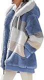 HHKLO Ladies Coat Plush Jacket Donna Zip Up Plush Flannel Colour Block Jacket Con Cappuccio (Blue,XL)