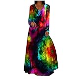 Briskorry Boho Damen Lang Kleider Blumendruck Sommerkleider Casual Strandkleid O-Ausschnitt Langarm Abendkleider Unregelmäßige Lose Partykleid Frauen Freizeitkleider Schwing