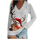 Damen Weihnachten Tshirt Oberteile Langarm Oberteile, Rotweinglas Drucken Komfortabel Pullover Tee Tops, V-Neck Lose Täglich Bluse Basic Tunic Tunika Lange Ärmel Shirt Hemd(Weiß,S)