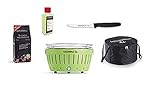LotusGrill XL Starter-Set 1x XL Limettengrün mit USB-Anschluß, 1x Buchenholzkohle 1kg, 1x Brennpaste 200ml, 1x Allzweckmesser Giesser 11cm, 1x Transport-Tragetasche XL - Der raucharme Holzkohleg