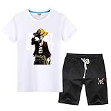 LLSDLS T-Shirt Anime One Piece Ruffy Herren Sportanzug Sommer Jugend Lose Sweatshirt Set Red-6-XXXXL T-Shirt (Color : White-1, Size : XXXXL)