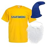 Shirt-Panda Herren T-Shirt · Saufzwerg · wahlweise mit Mütze und/oder Bart Karneval Gruppen Fasching Verkleidung Party Gnom Darts Unisex Hut Kostüme · Gelb (Druck Blau) mit Mütze & Bart L