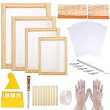 Cayway 42 Stück Siebdruck Rahmen Set, 4 Anders Siebdruckrahmen mit Mesh, Tintenschaber, Holzstäbchen, wasserdichte Transparente Folie und Abdeckband,H