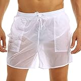 TTAO Herren Badeshorts Mesh Durchscheinend Sport Shorts Schnelltrocknendes Bademode Männer Strandhose mit Tasche Schwimmhose M-3XL Weiß XXL