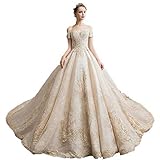 Braut Brautkleid Frauen Schulterfrei Perlen Spitze Applikationen Lange Zug Brautkleid Brautkleid Lace-Up Brautkleid Vintage Bodenlangen, L-F, Champagner, XXL