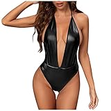 Damen Body Ärmellos Wetlook Bodysuit Catsuit mit Reißverschluss High Cut Stringbody Trikot Jumpsuit Dessous Lingerie Reizwäsche Clubwear PU Leder Halsband Damen Body Erotische M081