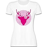 Kompatibel mit Oktoberfest Damen Trachtenshirt - Oktoberfest Hirsch mit Edelweiß - Fuchsia - L - Weiß - Rundhals - L191 - Tailliertes Tshirt für Damen und Frauen T-S