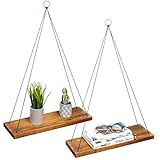 LifeGoods 2erpack Holz Schweberegale mit Schnur | Hängeregale mit Seil + 3 bunten Metallringen | Rustikale Hängende Wandregale | Schwimmregale | Wohnzimmer, Schlafzimmer und andere Wanddek