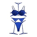 Eternali 3-TGL Erotische Dessous Set Damen Reizwäsche Strapse Set Sexy Spitze BH und Slip Strumpfband Erotik Unterwäsche Blumen Spitze Transparent Nachtwäsche Weihnachten Valentinstag Braut Geschenk