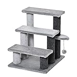 PawHut Haustiertreppe mit Kratzbaum Ball 4-stufige Katzentreppe Hundetreppe Tiertreppe Spanplatte Plüsch Jute Grau 45 x 40 x 48