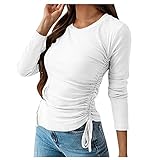 TheSosy Damen Sweatshirt Einfarbig Langarm Pullover Oberteile Rundhals Loose Tunika Shirts Tops Longshirt Causal Langarmshirt Blusen für Frauen Schlank Langarm-Blusenpullover Mit Schnürung (Weiß,S)