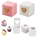 40 Stücke Kuchenkarton, Cupcake Boxen, Einzelne Cupcake Boxen, PVC Karton Mini Single Kuchen Geschenkbox mit Herzform Klares Fenster für Geburtstag, Party, Hochzeit (Pink, Weiß)