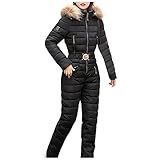 Blingko Skianzüge für Damen Einteiliger Skianzug Winter Warme Schnee Skifahren Sätze Outdoor Jumpsuit Langer Overall mit Kapuze Reißverschluss Skianzüge Reißverschluss Skibekleidung F