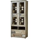 Bonanza Vintage Vitrine in Driftwood Optik - ausdrucksstarke Retro Glasvitrine inkl. LED Beleuchtung - 83 x 188 x 39 cm (B/H/T)