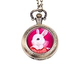 Kaninchen und Karotten Halskette Taschenuhr, Taschenuhr, Pink Bild Uhr, niedliche Anhänger, Geschenk für Kinder F