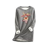 Zilosconcy Rundhals Elegant Langarm Oberteil Damen Winter Warme Kaputzenpullove Festival Pullover Mit Weihnachtsdruck Casual Bluse Lammwolle Unterhemd Sweatshirt Fleecepullover mit Hirschkopf-Druck
