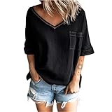 Damen Bluse Damen Lose Sexy Volltonfarbe T-Shirt mit V-Ausschnitt Oberteile mit Blusen Bürohemden Lässiges Damen-T-Shirt Kurzarm Tunika lässiges Damen-Oberteil mit mittleren Ärmeln in Übergröß