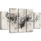 Feeby. Leinwandbild - 5 Teile - Bilder, Wand Bild, Wandbilder, Kunstdruck XXL, 5-Teilig, Typ B, 200x100 cm, Eule, Natur, Vintage, SCHWARZ-WEIß