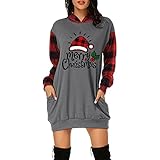 Ronamick Weihnachtskleid Damen Langarm Minikleid Lang Weihnachtspullover Lang Sweatshirt mit Kapuze Weihnachten Hoodie Xmas Rentier Drucken Pullover Casual Christmas Kapuzenpullover Tunika Top