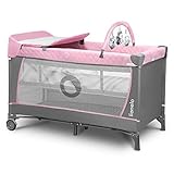Lionelo Flower Reisebett Baby Laufstall Baby mit Seiteneingang Wickeltisch zwei Matratzenaufhängungshöhen Spielzeugbogen mit Spielfiguren Rollen Tragetasche (Rosa)